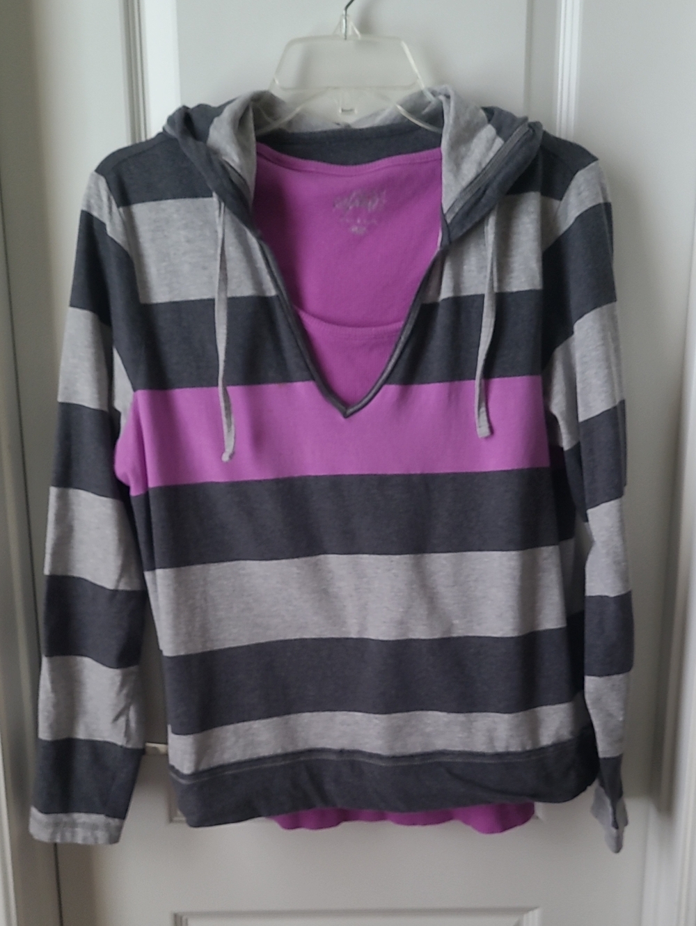 Style & Co. Gray and Charcoal Striped Hooded Pullover with Magenta Accent